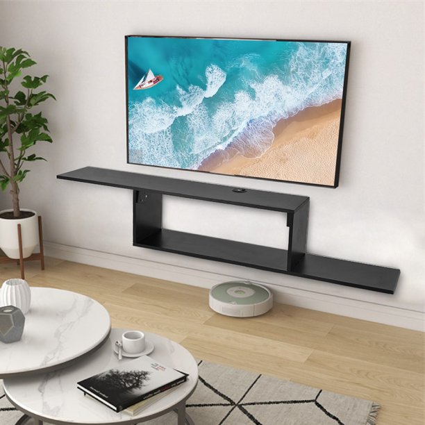 Asymmetrical Floating Wall Mounted TV Console 60 Inches MDF Black