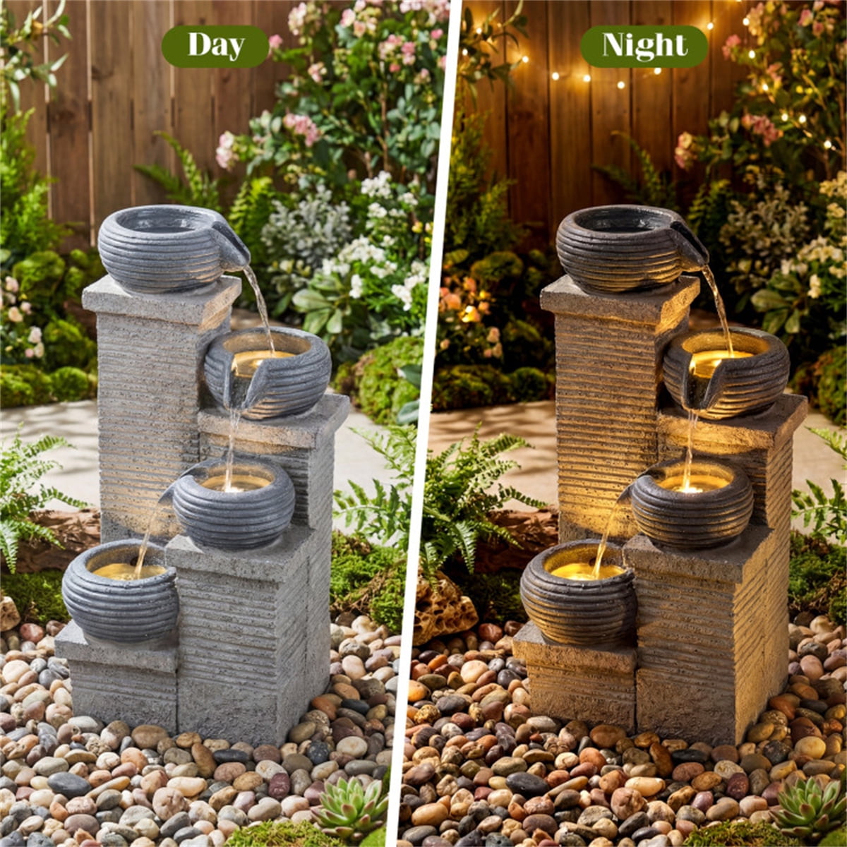 TENGDA Gray 4 Tier Cascading Resin Water Fountain Indoor Outdoor Decor With Warm LED Lights