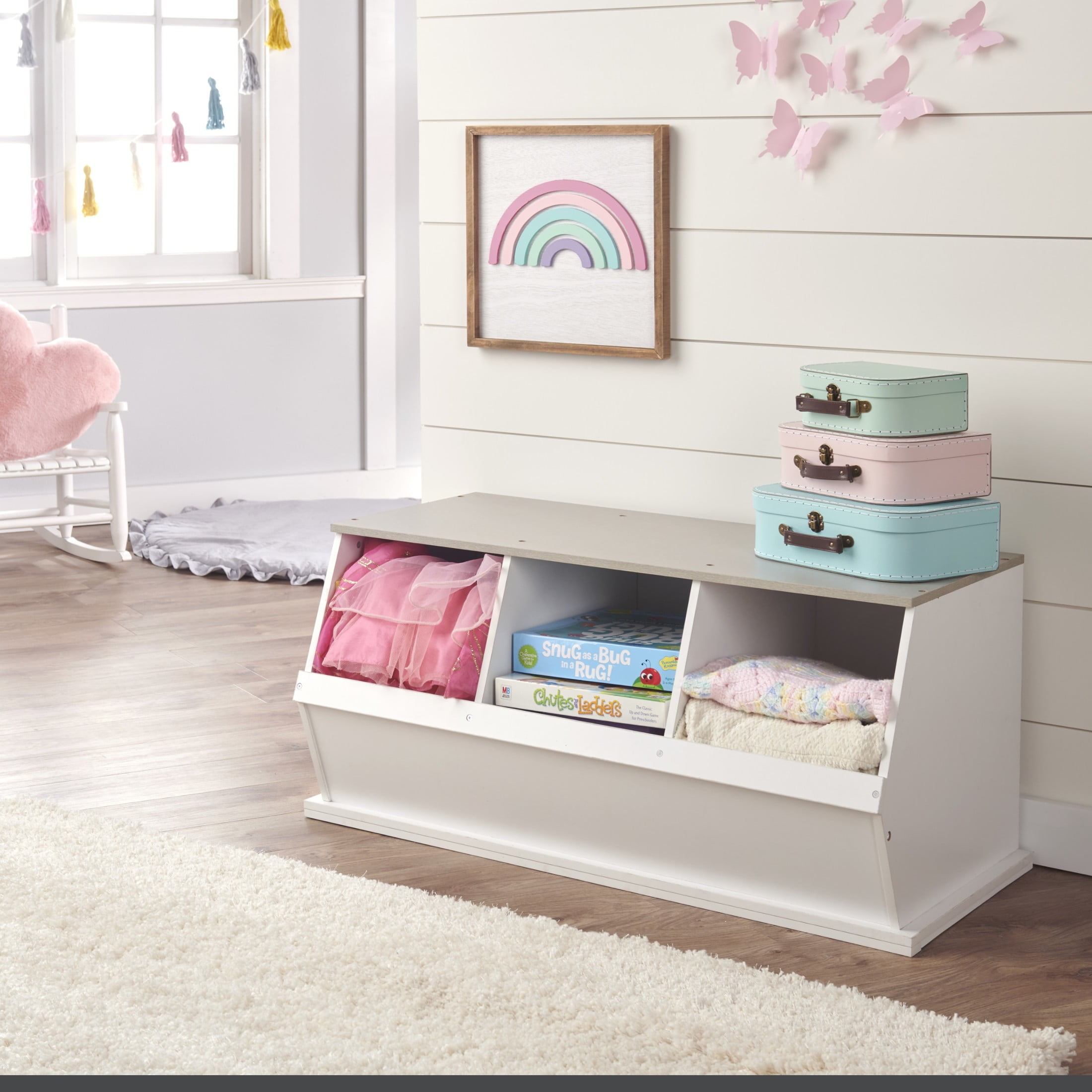 Badger Basket Children's Stackable Wooden 3-Bin 33 gal Toy Storage Cube, White & Gray