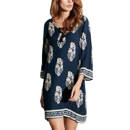 - Womens Floral Casual Loose Mini Kaftan Dresses