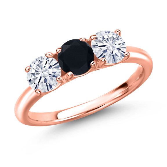 Gem Stone King 18K Rose Gold Plated Silver Black Onyx and White Moissanite Engagement Ring for Women | 1.48 Cttw | Round 5MM | Gemstone December Birthstone | Size 9