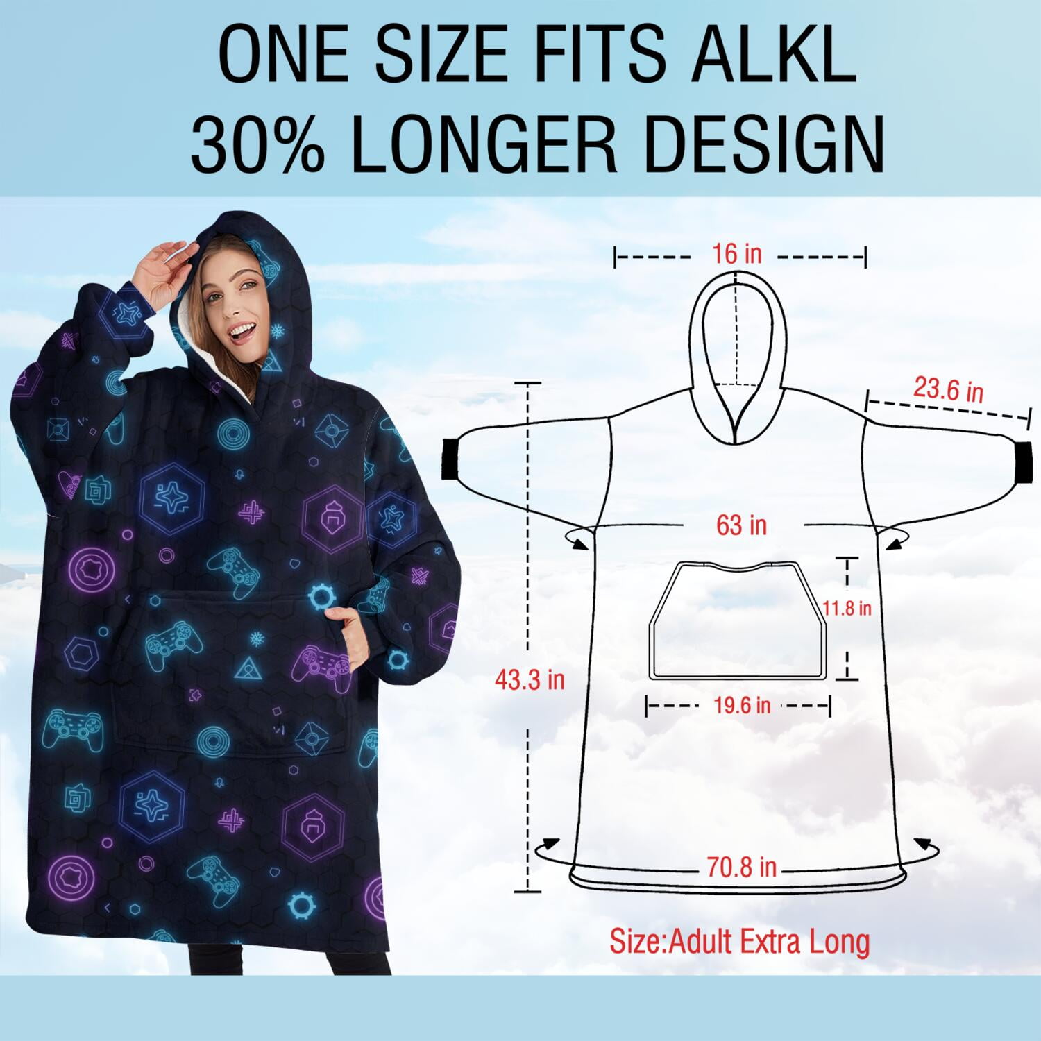 Oversized Wearable Blanket Hoodie,Neon Controllers Games Icons Black Pattern Sherpa Blanket Hoodie with Super Pockets,Super Warm Fuzzy Pullover for Women & Men
