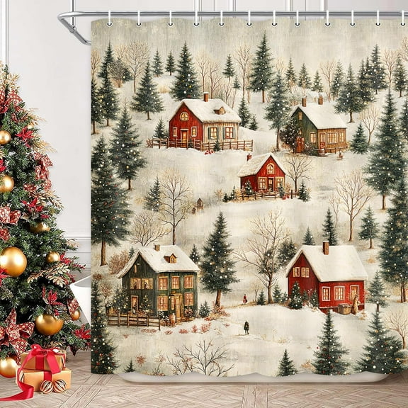 Winter Snow Forest Shower Curtain, Rustic Farmhouse Deer Cabin Elk Forest Snowy Trees Mountain Bath Curtain, Retro Blue White Waterproof Fabric Shower Curtain Set with Hooks-72"W x 78"L (Pack of 1)