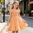 thumbnail image 5 of Girls' Dress 5-14Y Short Sleeve Round Neck Solid Color Polyester for Daily Casual Wear Orange 7-8 Years, 5 of 9