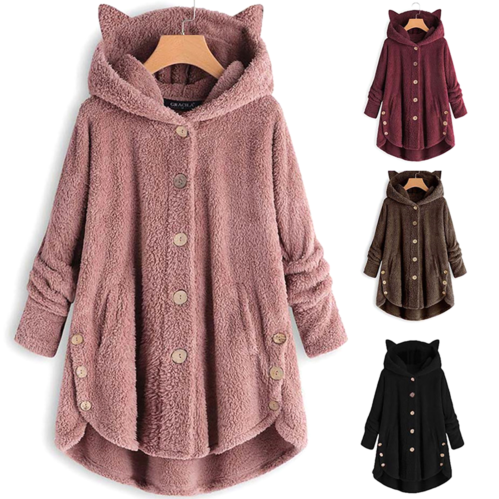 Female Faux Fur Coat Winter Warm Shearling Shaggy Jackets Button Tops for Women with Pockets - image 3 of 3