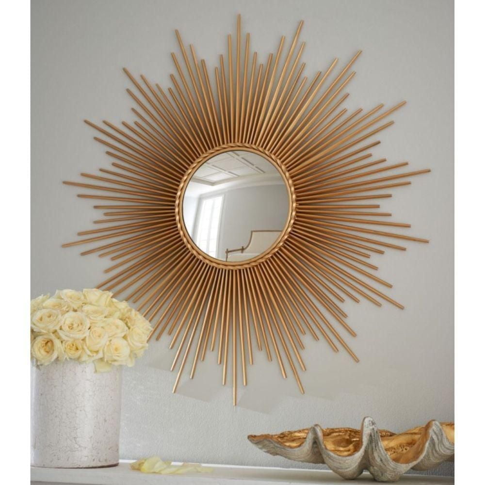 Miroir mural en forme de soleil doré brillant – Cadre en fer de qualité supérieure avec verre miroir – Décoration élégante pour l'entrée, les chambres ou les salles de bains – Dimensions : 40" H x 40"