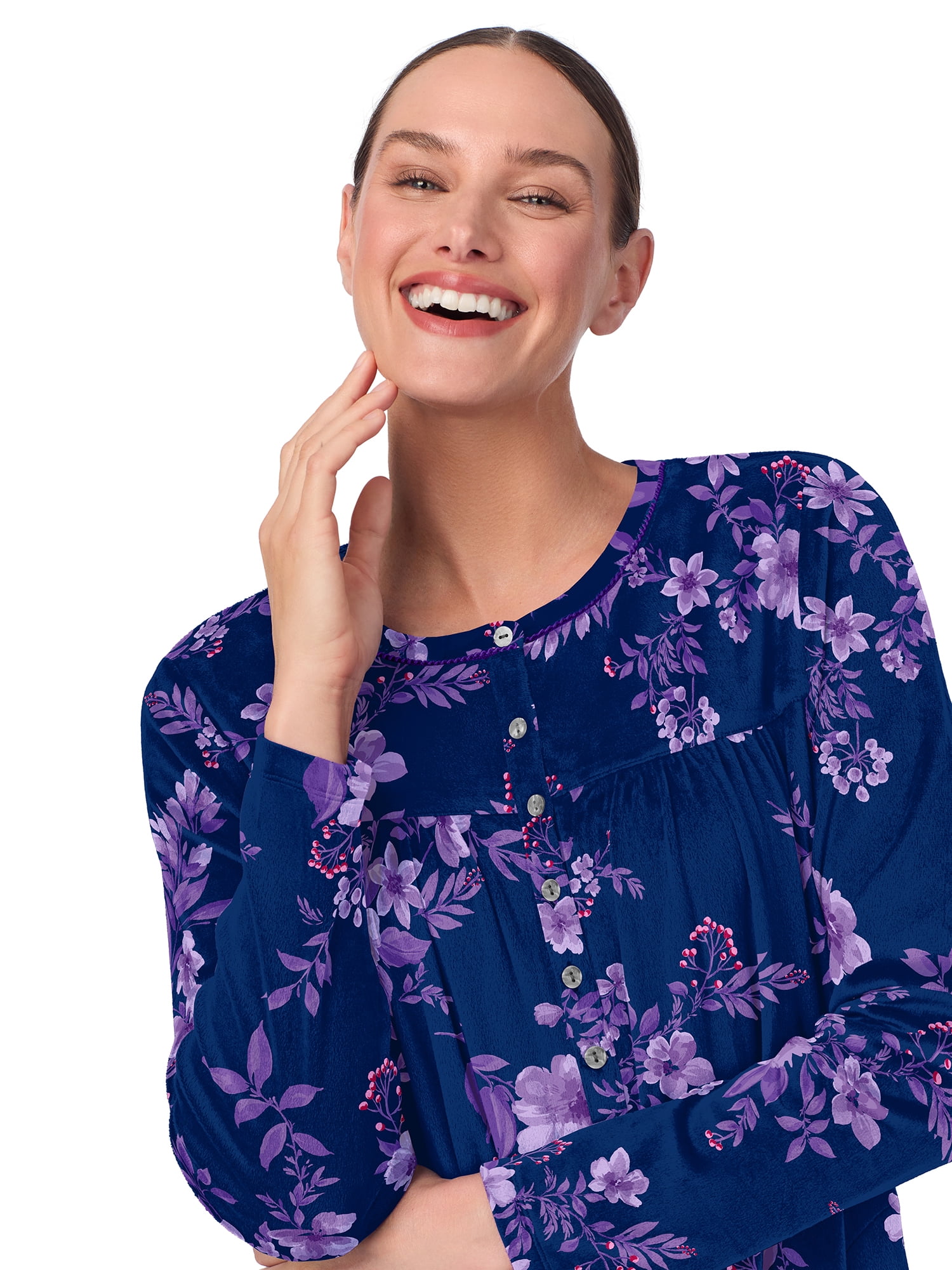 Aria Women’s Long Sleeve Stretch Velour 44" Sleepwear Nightgown, Sizes XS-5X