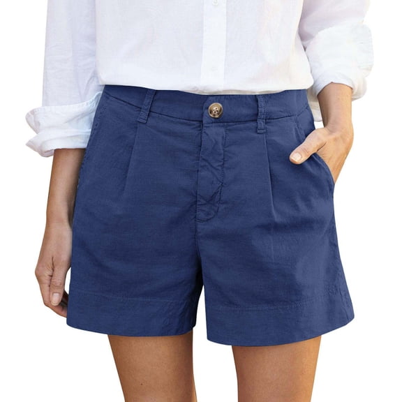 Cotton Linen High Waist Button Fly Baggy Business Work Summer Shorts Pockets for Women