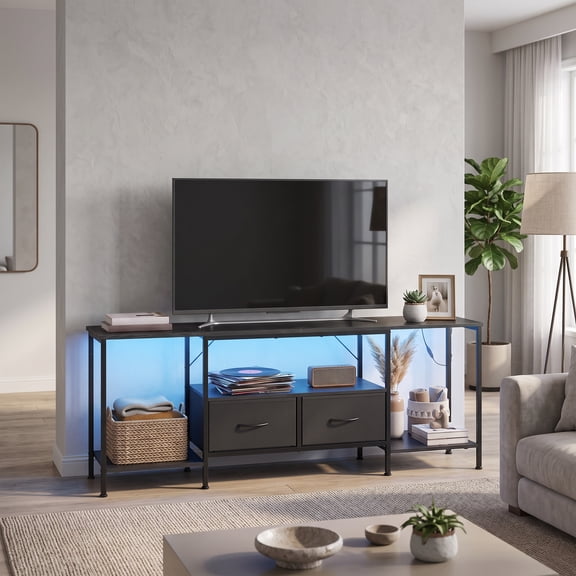 LEDREM TV Stand with LED Lights and Power Outlets, Entertainment Center with 2 Drawers, 61.8 x 13.8 x 23.6 Inches, Black