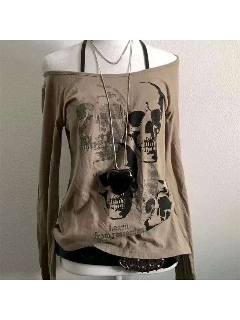 2000s American Vintage Gothic Black Women T-shirts Punk Style