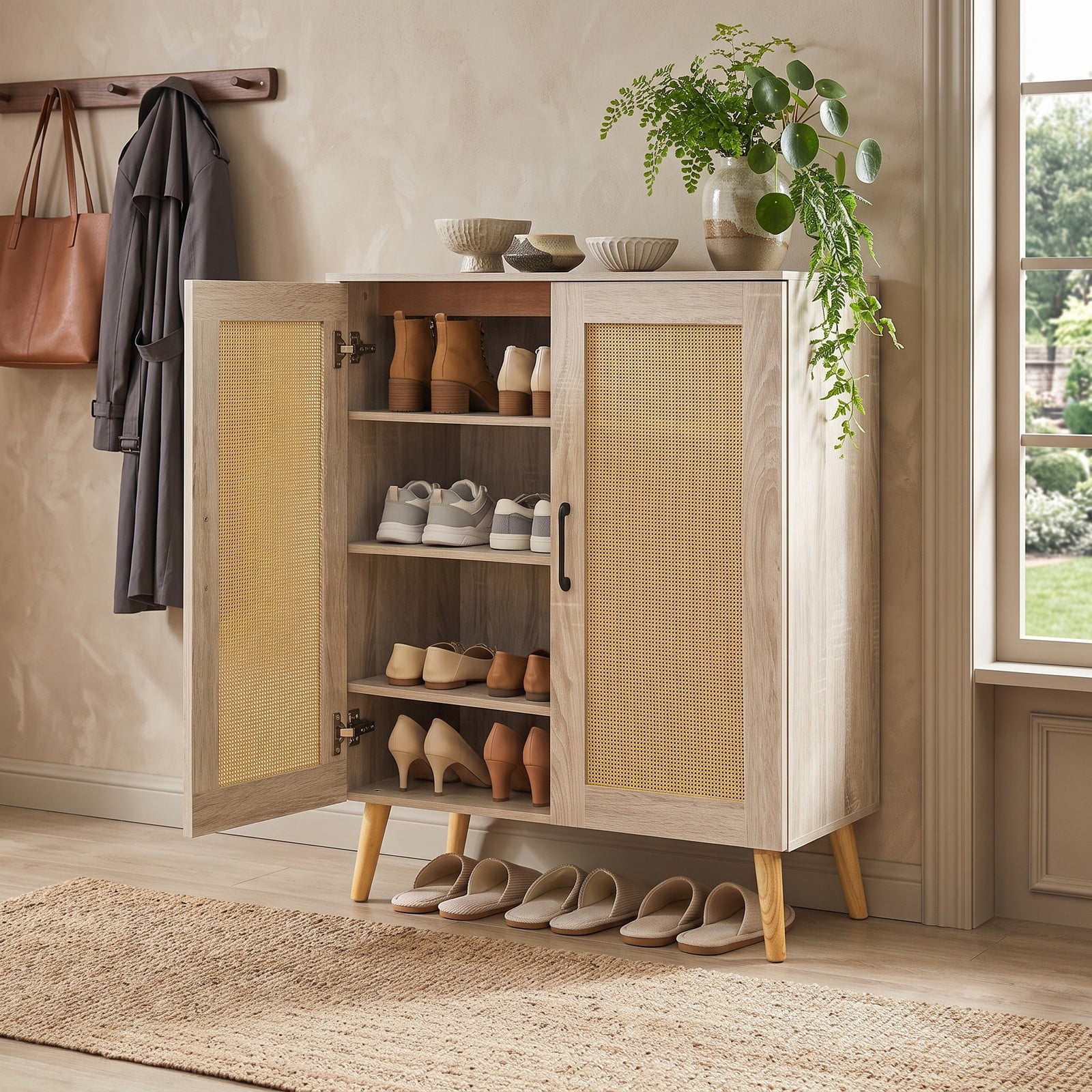 Furnibear 5-Tier Rattan Shoe Cabinet with 3 Removable Shelves and Woven Doors for Entryway and Hallway Shoe Storage, Natural