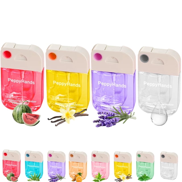 spray desinfectante para manos, 4 unidades, 38 ml, hidratante, 4 aromas frente de cuatro sprays portátiles: vista centrada de botellas planas tipo cartera (38 ml) con tapa beige y difusores de color; colores rosa, amarillo, lila y transparente con texto de marca visible y pequeños íconos que sugieren sandía, vainilla y lavanda; tamaño de viaje, ideal para llevar en bolso o bolsillo.