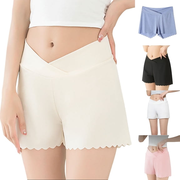 Feancey Slip Shorts for Pregnant Women Criss Cross V Waist Yoga Shorts Seamless Casual Gym Workout Shorts Under Dresses Shorts Beige L