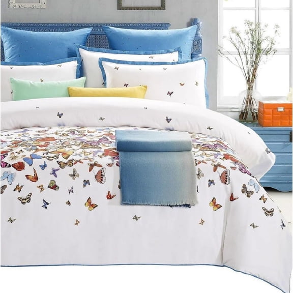 Sheetsnthings 100% Cotton Duvet Cover Set (King Size) Butterfly Print 7pc Soft Bedding Set