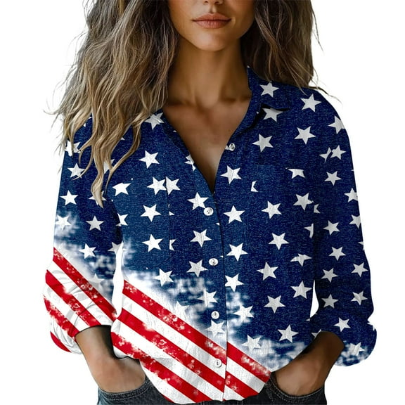 HEILAU 4th of July Shirts for Women American Flag Printed 3/4 Sleeve Button Down Linen Shirt Casual Independence Day Tops