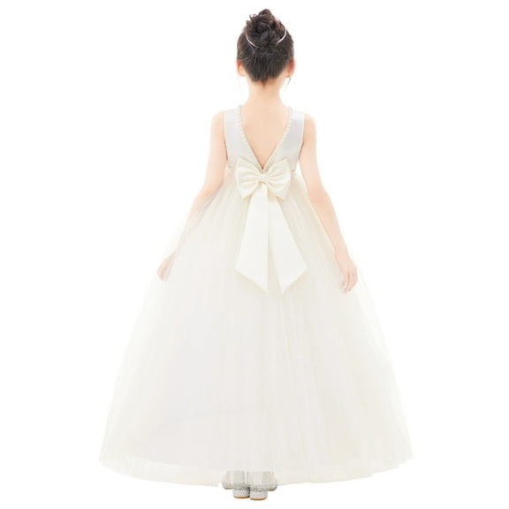 Ekidsbridal Girl Ceremonial Flower Girl Dress - V-Back Satin Tulle with Pearl Beaded Trim 241-A (Size: 2-10)