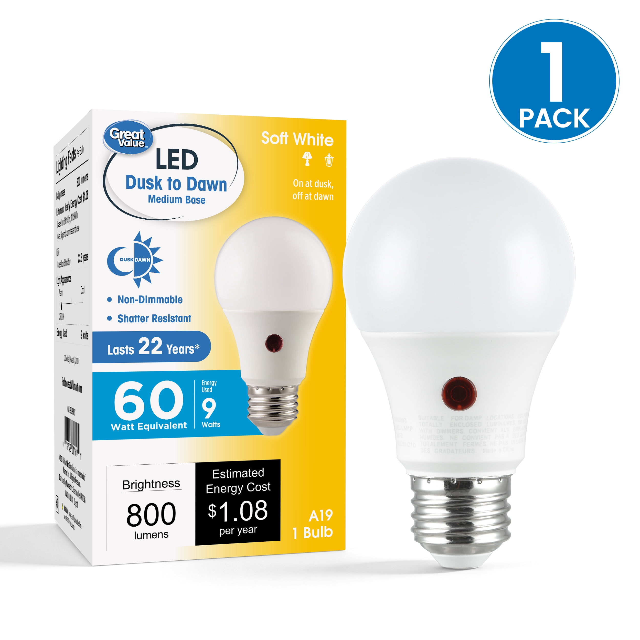 (2 pack) Great Value A19 Dusk to Dawn Auto On/Off LED Light Bulb, 9-Watt (60W Equivalent) E26 Medium Base