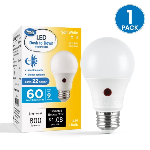 Great Value A19 Dusk to Dawn Auto On/Off LED Light Bulb, 9-Watt (60W Equivalent) E26 Medium Base