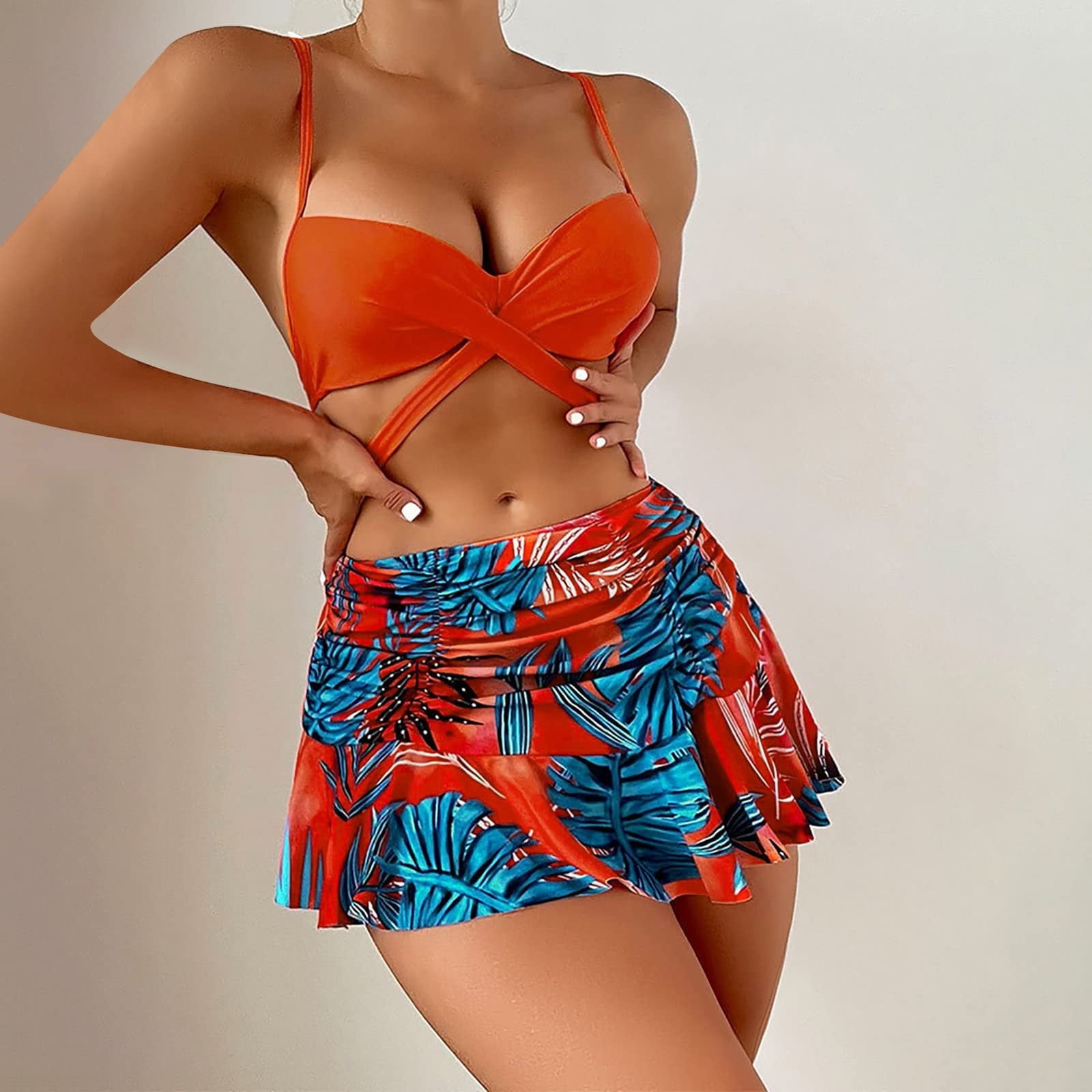 QLEICOM Womens Swimsuits Tummy Control Plus Size Swimsuit Coverup Omen  Printing Push Up Halter Bikini Swimsuit High Waist Bathing Suit Red M 