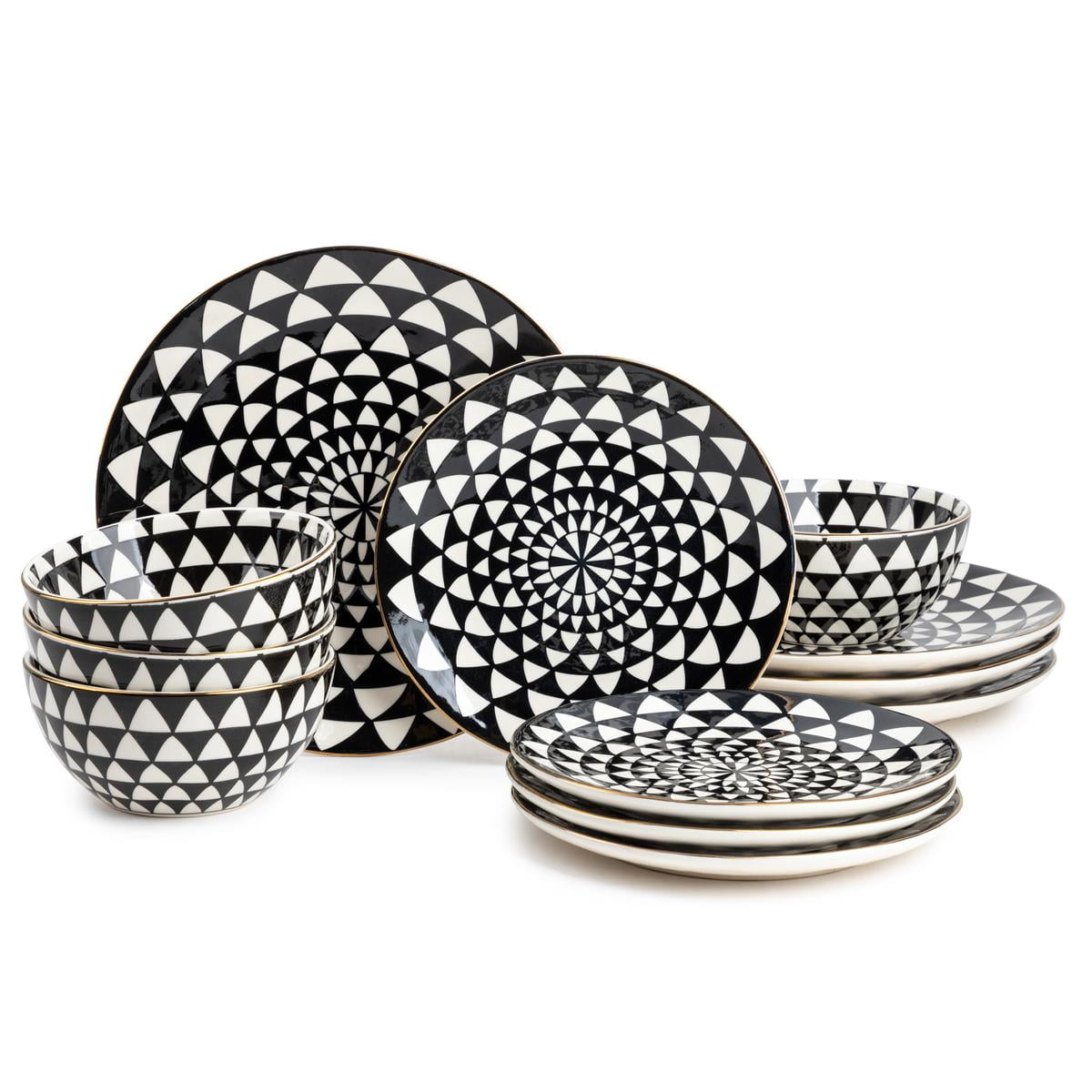 Thyme & Table Dinnerware Black & White Medallion Stoneware, 12 Piece Set - Walmart.com