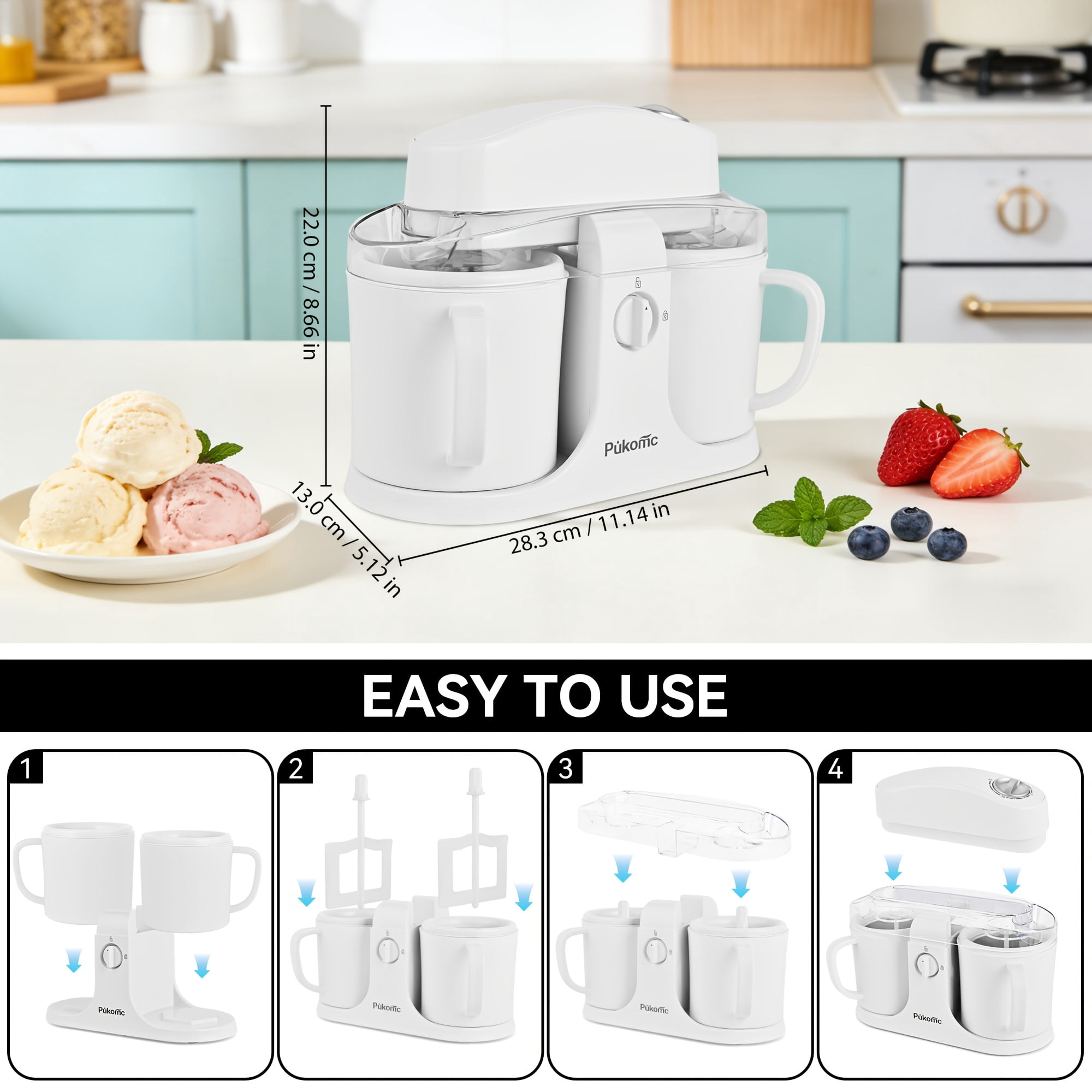 33.81oz Dual-Cup Ice Cream Maker, Dual Flavor Frozen Yogurt Machine, ABS Separated Easy Clean Design, Compact Electric Kitchen Gadget for Party Holiday Gift