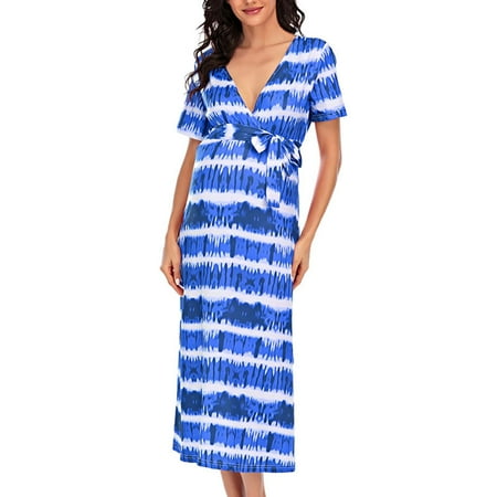 

asdoklhq Maternity Clothes for Women Clearance Plus Size Dress V-neck Short-sleeved Belt Printed Maternity Dress For Women