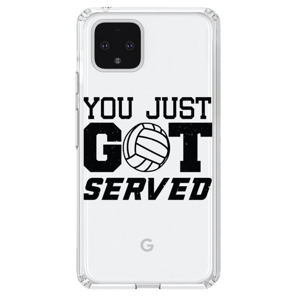DistinctInk Clear Shockproof Hybrid Case for Google Pixel 4 (6.1" Screen) - TPU Bumper Acrylic Back Tempered Glass Screen Protector - You Just Got Served Volleyball