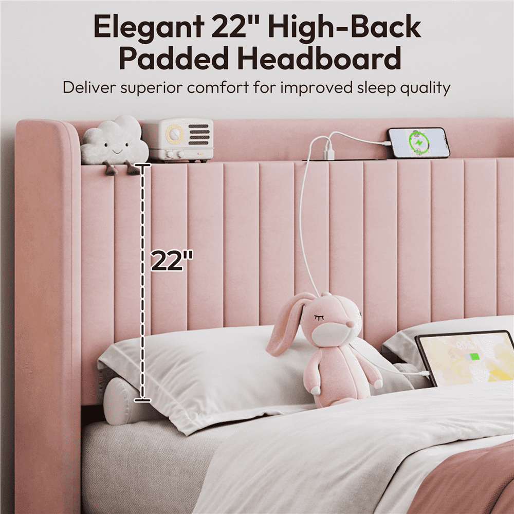 Renwick Upholstered Velvet Bed Frame with Charging Outlets and USB Ports, Queen, Pink