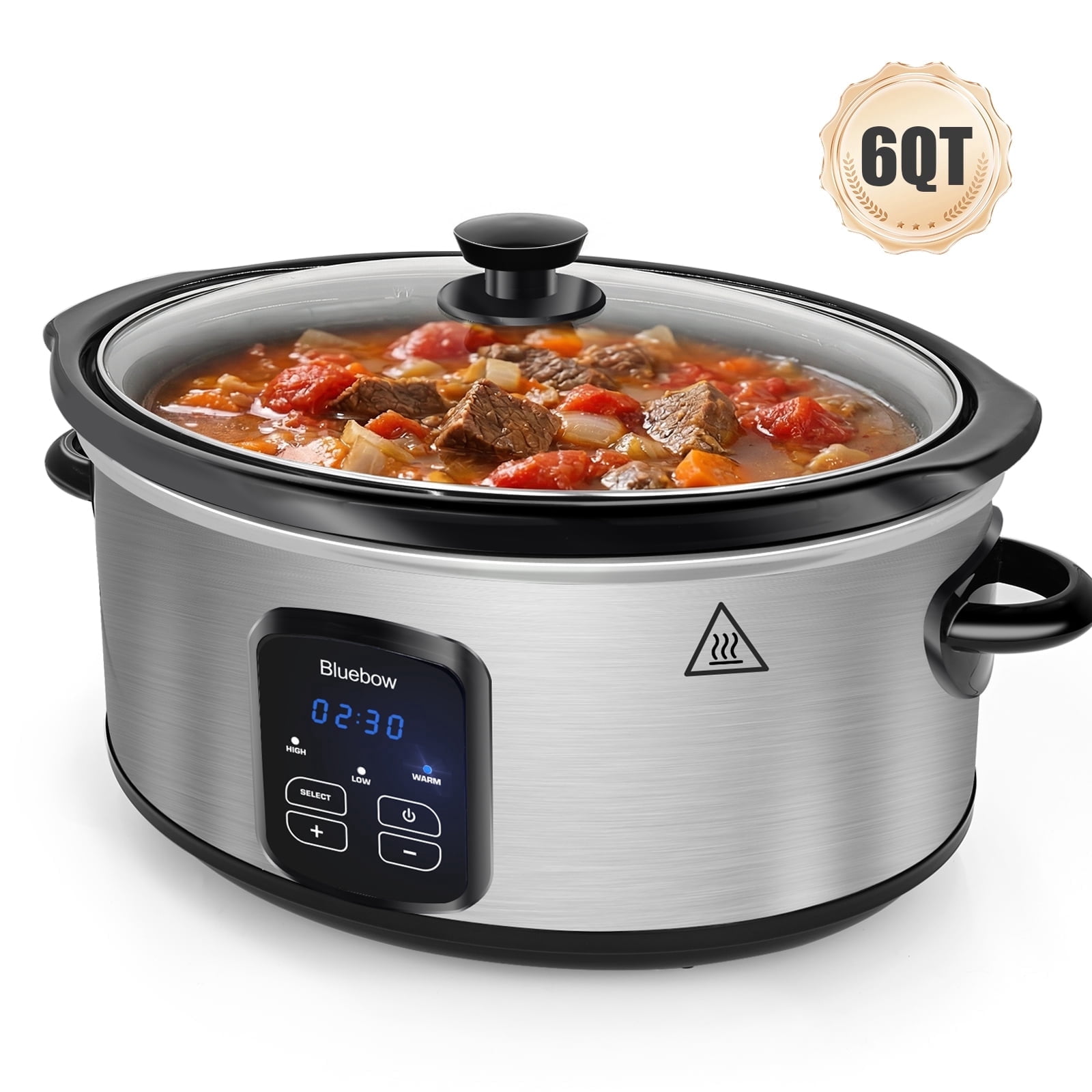 Bluebow 6QT Slow Cooker, 3 Heat Settings with Auto Keep Warm, Stoneware Crock Non-Stick Removable Pot, Stainless Steel