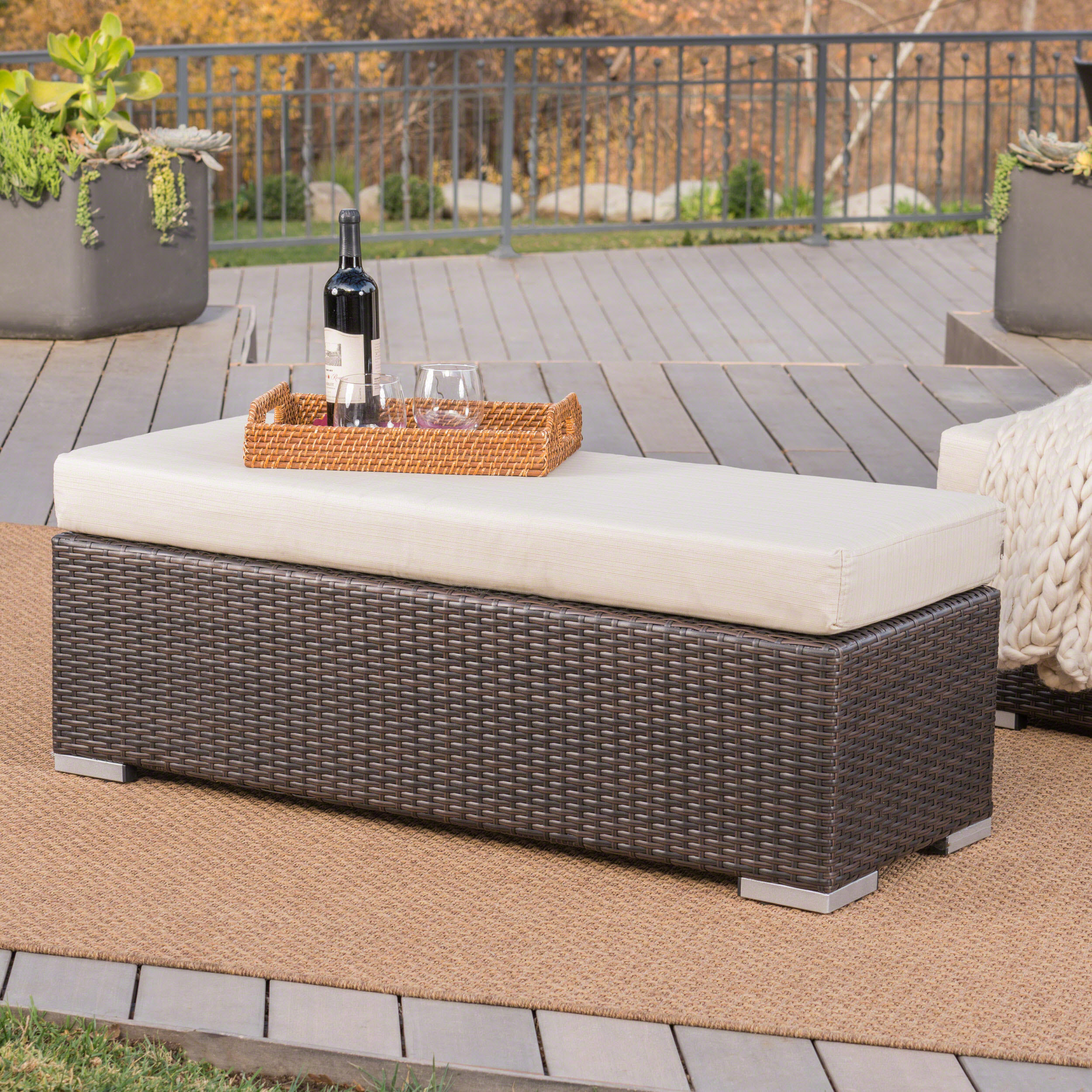 Malibu Outdoor Wicker Bench with Water Resistant Cushion, Multibrown and Beige - image 3 of 7