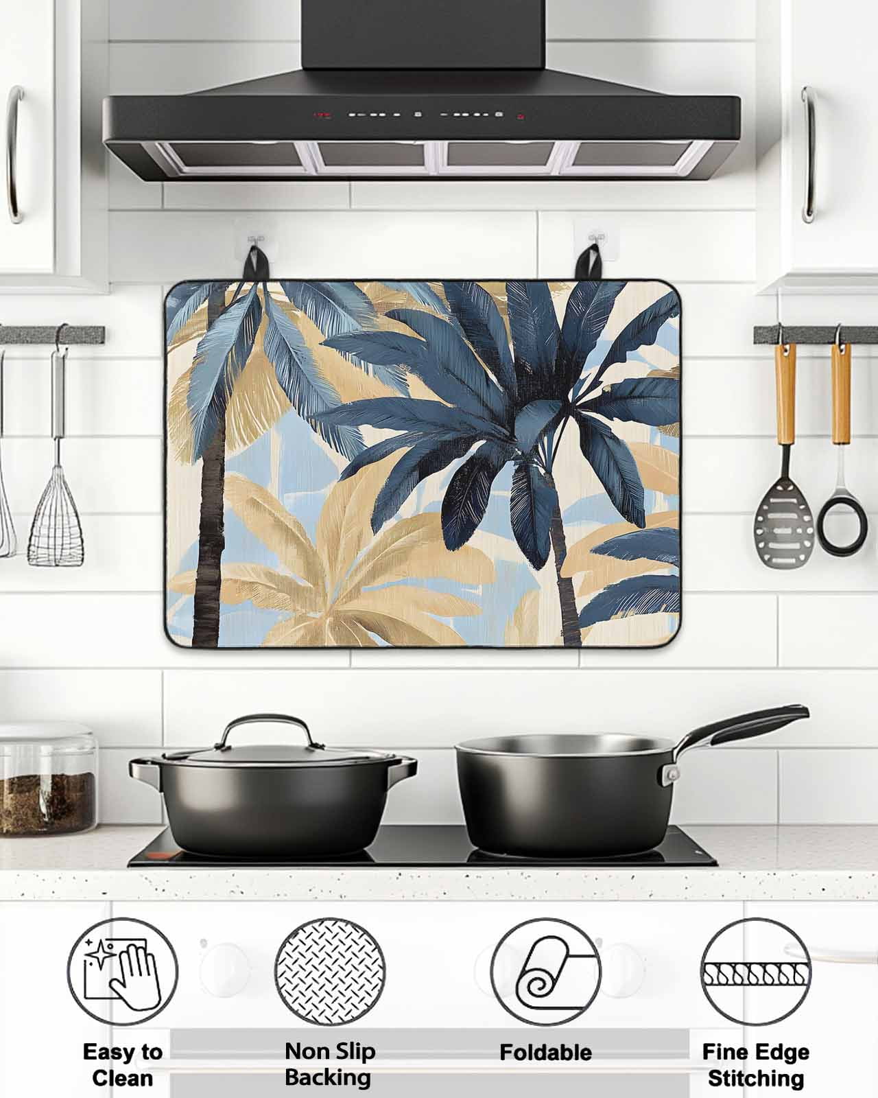 Palm Trees Stove Top Covers for Electric Stove, 28'x20'' Vintage Watercolor Tree Glass Ceramic Stove Cover Foldable Rubber Mat Heat Resistant Cooktop Protector for Kitchen