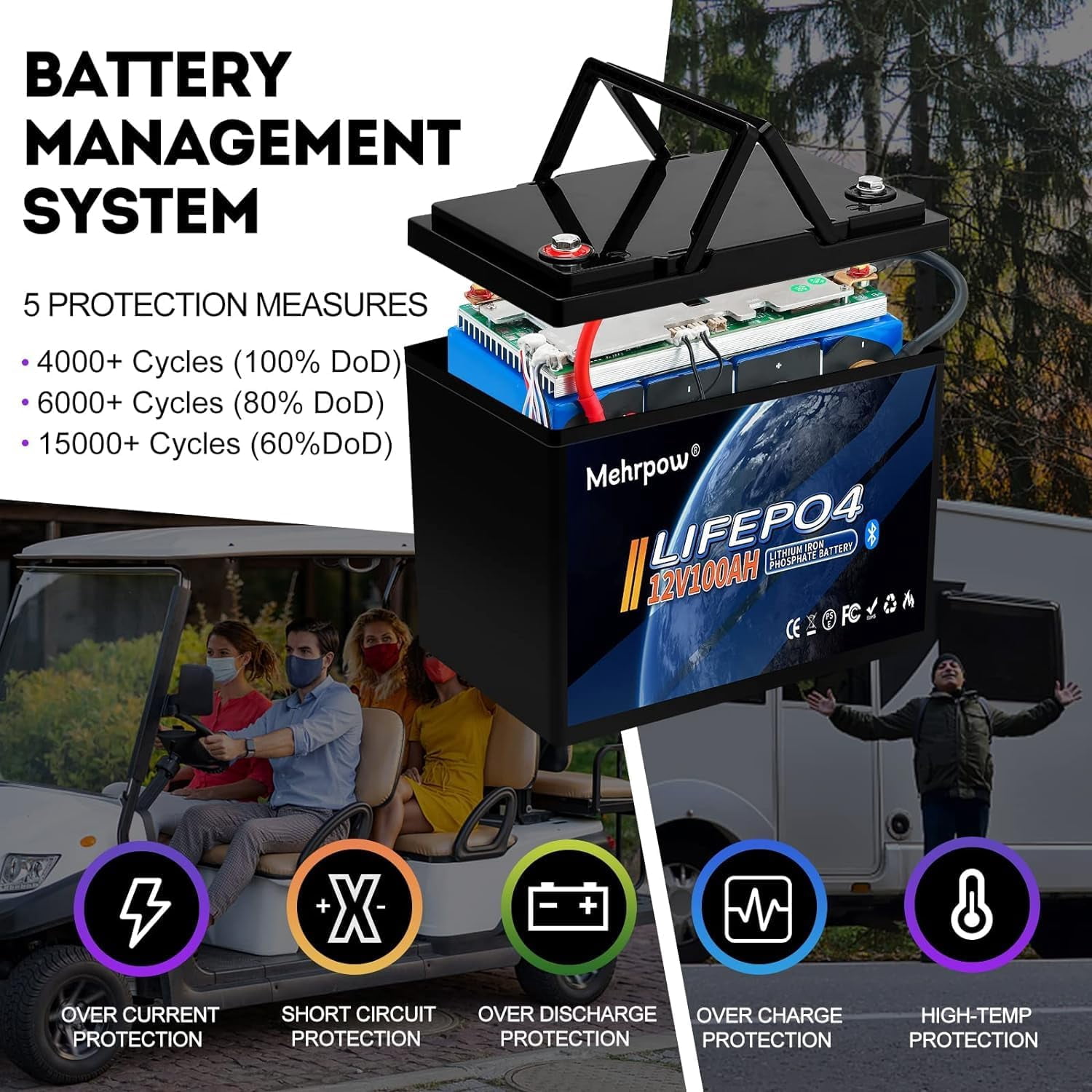 Mehrow 12V 100Ah Bluetooth LiFePO4 Battery, mini Battery with 100A BMS, 12V Lithium Batteries 15000+ Cycles at 100% DOD, Perfect for RV, Camping, Solar Panel System, Marine, Trolling Motor