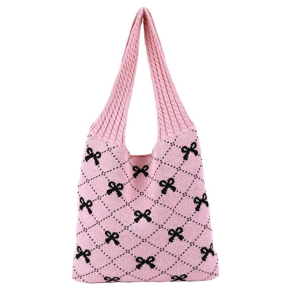 Yucurem Women Knitted Tote Handbag Y2k Bow Printed Ladies Daily Handbag (Black Pink) Personalized knitted bag (A)