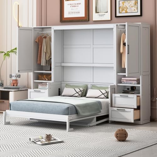 Queen Size Murphy Bed with Closet, Wall Bed with Drawers and Shelves, Folding Cabinet Bed with Desk for Home Office, Studio, White