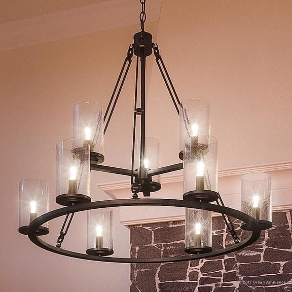 Urban Ambiance Luxury Industrial Chandelier, Large Size: 30"H x 33"W, with Western Style Elements, Rectangular Link Design, Elegant Estate Bronze Finish and Seeded Glass, UQL2131