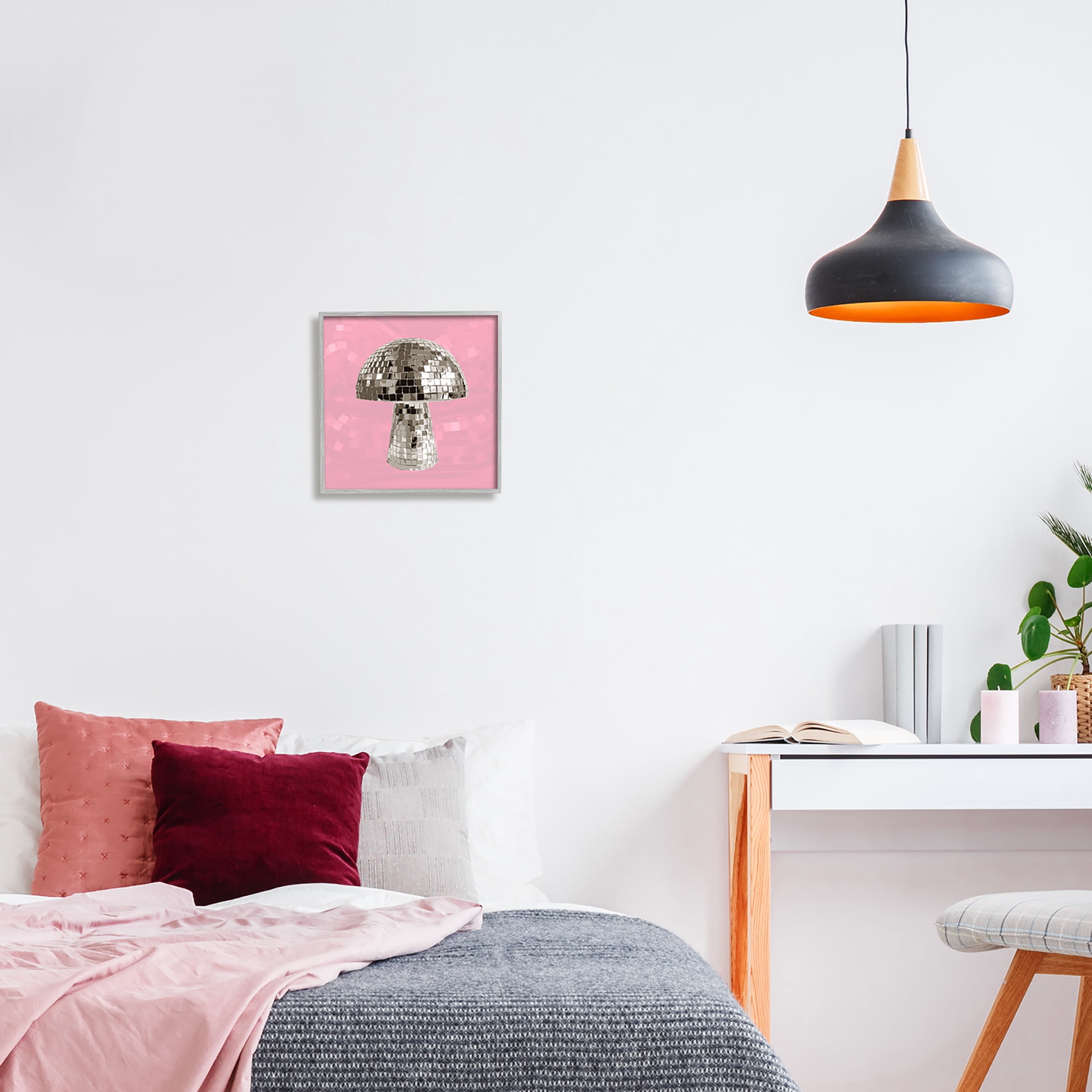 Stupell Industries Pink Mushroom Shaped Disco Ball Beauty & Fashion Painting Gray Framed Art Print Wall Art