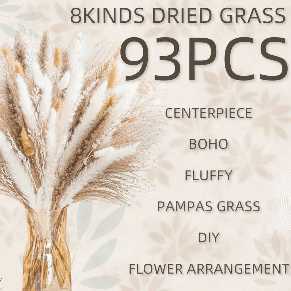 Premium 8-Variety Dried Pampas Grass Bouquet - Boho Wedding Flowers, Rustic Farmhouse & Home Table Decor Centerpiece, Natural Dried Floral Arrangement (93 Pieces)