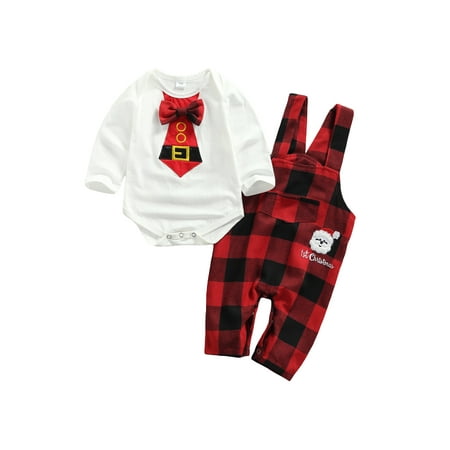 

ZIYIXIN 2Pcs Newborn Baby Boy Christmas Clothes Bow Long Sleeve Romper+Plaids Suspender Pants Set White Red 3-6 Months