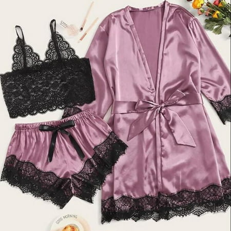 

MRULIC intimates for women 3PC Bow Bra Satin Sleepwear Wireless Lace Women Pajamas Robe Camisole Shorts Set Purple + XXL