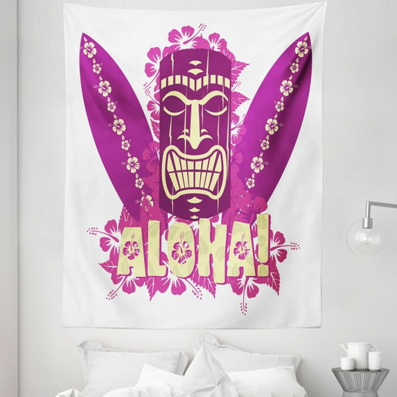 Tiki Bar Tapestry, Tiki Culture Surfboards Hibiscus Hand Drawn Aloha Art, Fabric Wall Hanging Decor for Bedroom Living Room Dorm, 5 Sizes, Pale Yellow Hot Pink, by Ambesonne