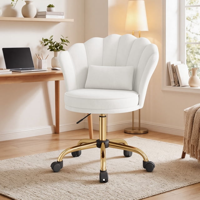 Hawsaiy Shell Back Home Office Chair with Lumbar Pillow, Modern Upholstered Desk Chair with Gold Metal Base, Swivel Adjustable Computer Chair for Home Office, White