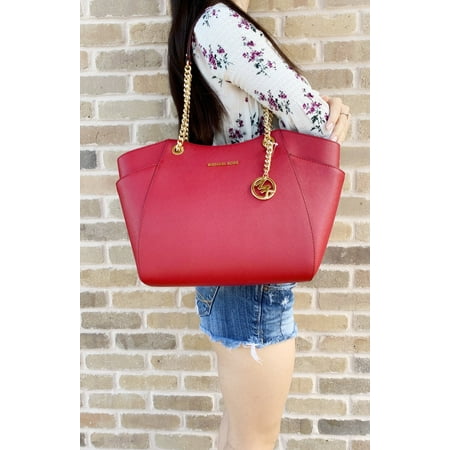Scarlet Jet - Michael Kors Jet Set Travel Chain Shoulder Tote Bag Scarlet Red Saffiano Leather