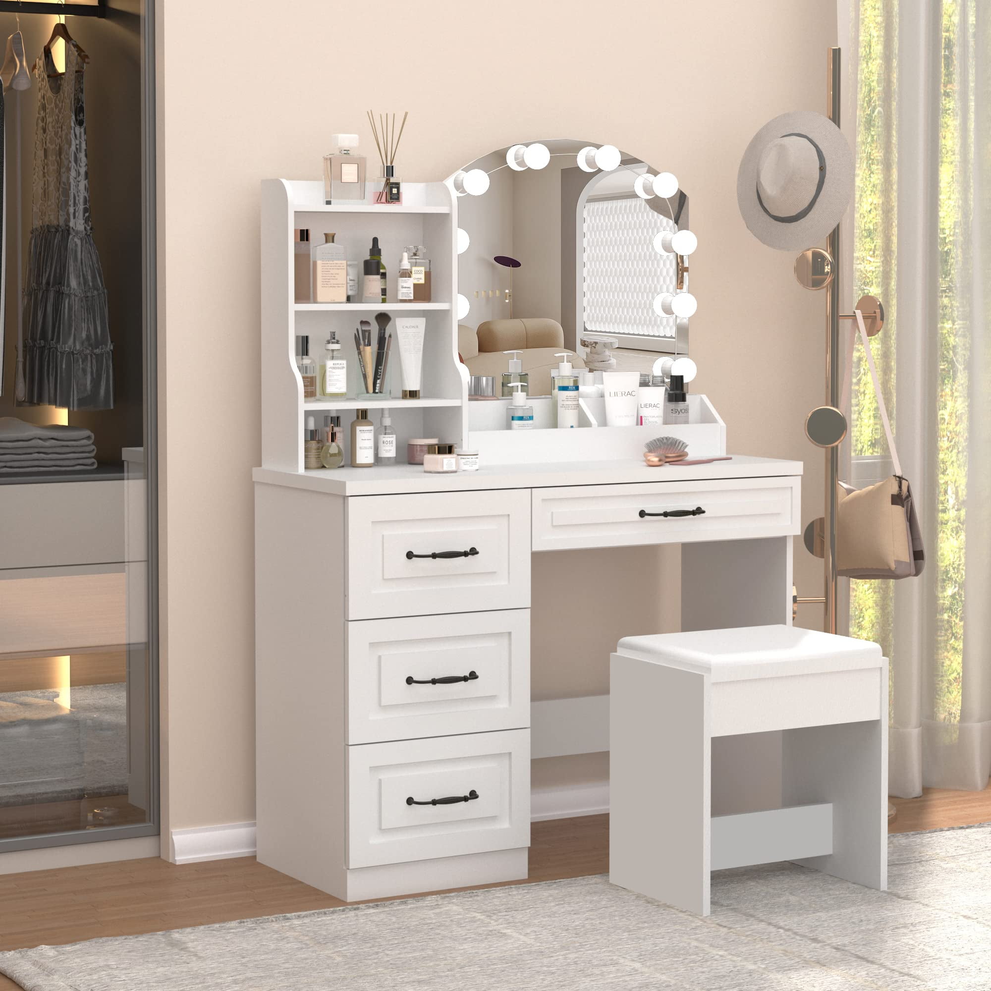 Veanerwood Makeup Vanity Set with Lights and 4 Drawers, Modern Vanity Table 3 Lighting Colors, 39.4in, White