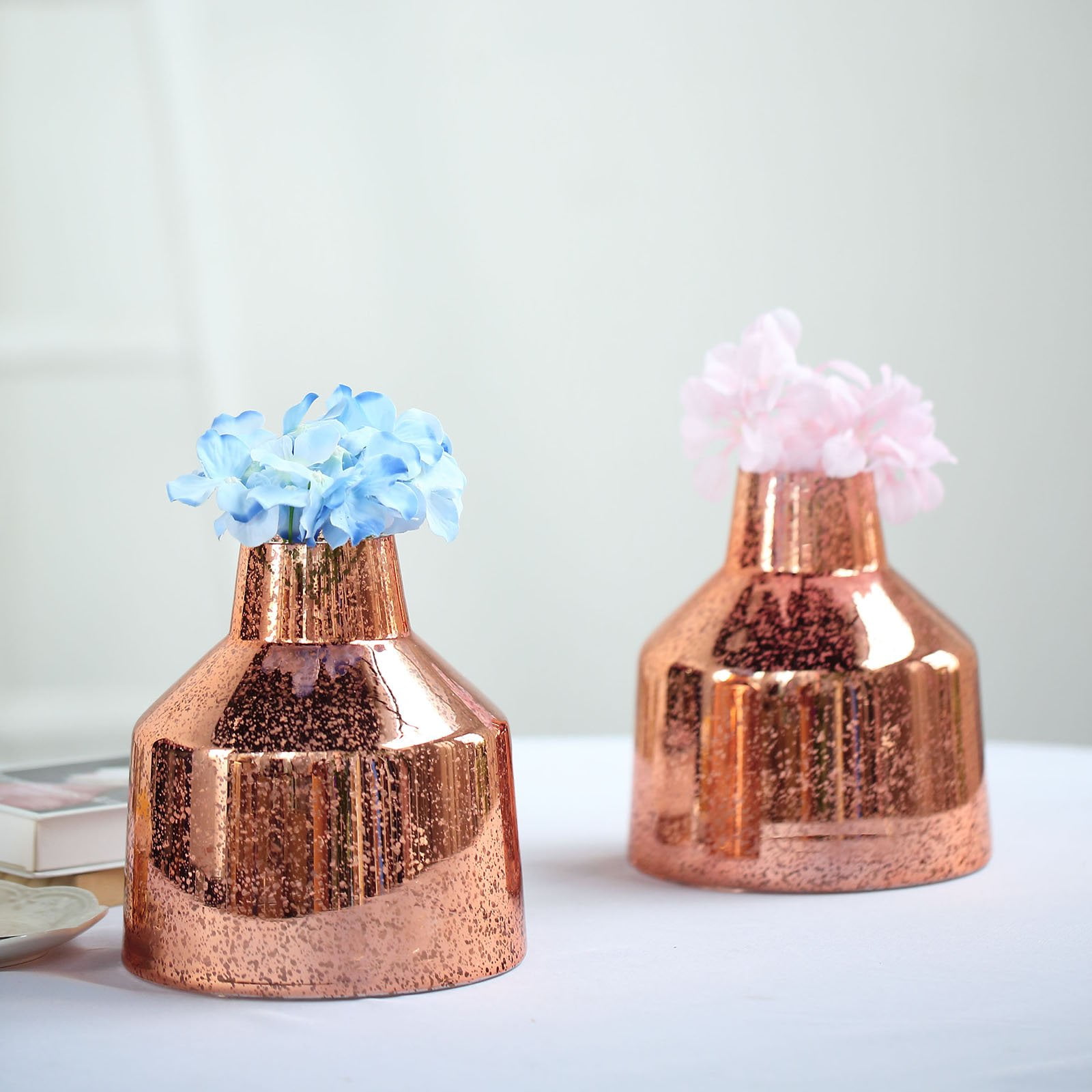 2 Pack 8" Rose Gold Mercury Glass Vases Vessel Shaped Glass Flower Vase Centerpieces