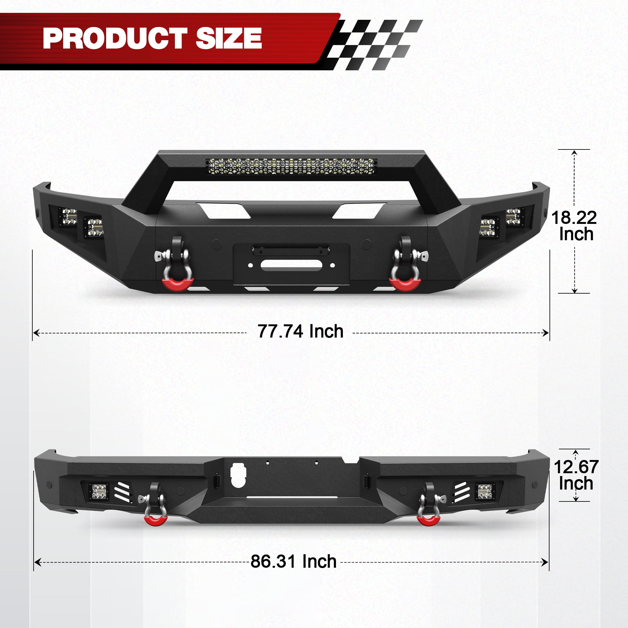 POFENZE Fits 2015-2016-2017-2018 Ram 1500 Rebel Bumper Combo Steel Front and Rear Bumper w/Winch Plate LED Lights