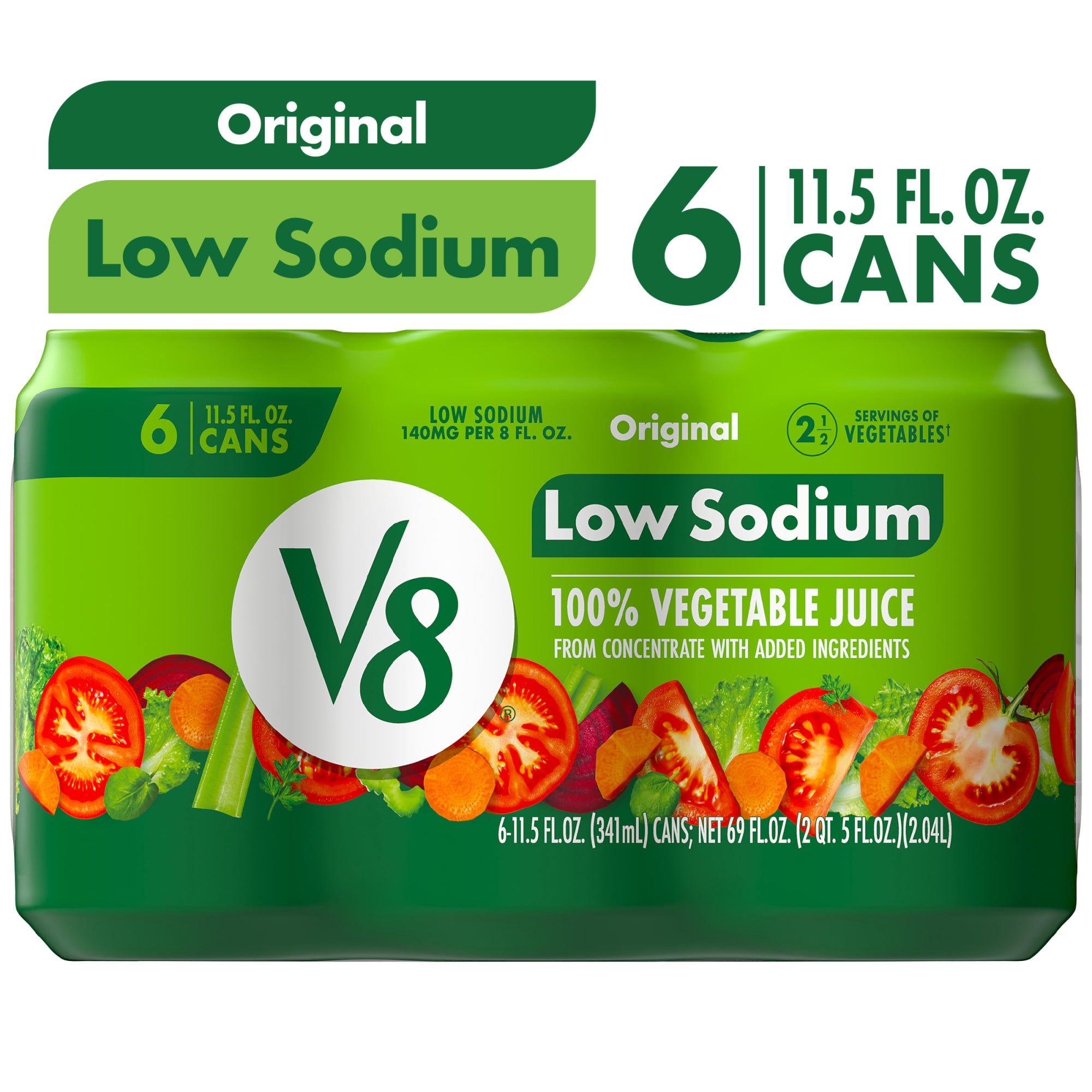 V8 Low Sodium Original 100% Vegetable Juice, 11.5 fl oz Can, 6 Count