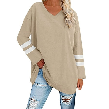 

NECHOLOGY Short Sleeve Scrub Jackets Womens Long Sleeve Tops Oversized T Shirts Striped Shirts Crew Long Sleeve Tees Shirt Khaki Large