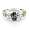 thumbnail image 2 of Gem Stone King 925 Sterling Silver and 10K Yellow Gold Oval Green Mystic Topaz White Topaz and White Diamond 3 Stone Ring for Women (2.80 Cttw, Gemstone Birthstone, Size 8), 2 of 3
