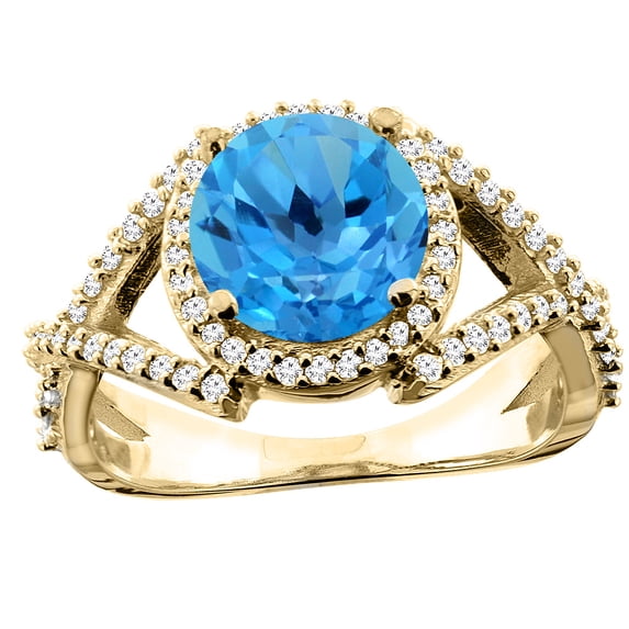 14K Yellow Gold Natural Swiss Blue Topaz Ring Round 8mm Diamond Accent, size 5