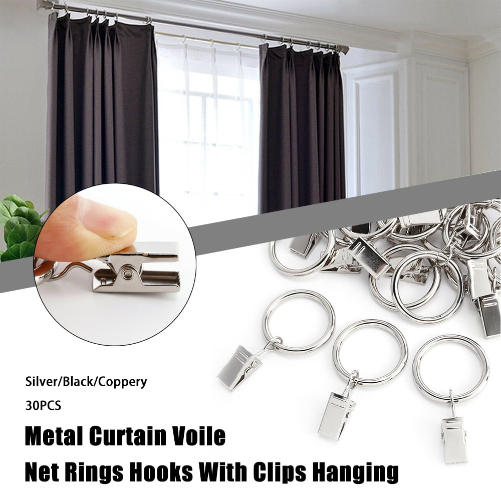 30pcs Metal Curtain Pole Rod Voile Net Rings Hooks Clips Hanging Elements Useful 